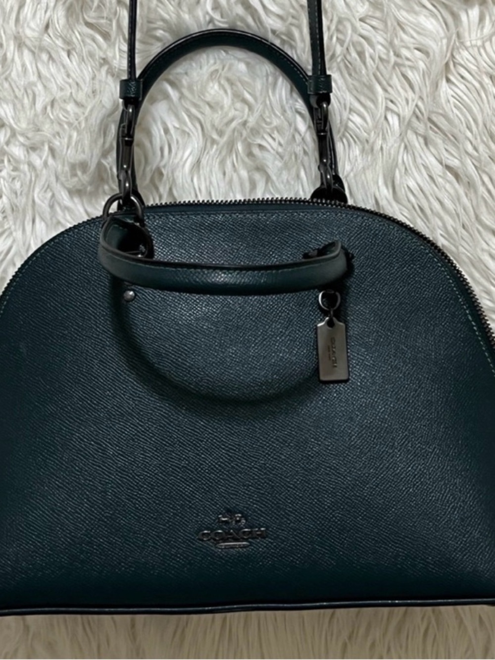 COACH Pebbled Leather Dome Satchel - Dark Green/Black Hardware